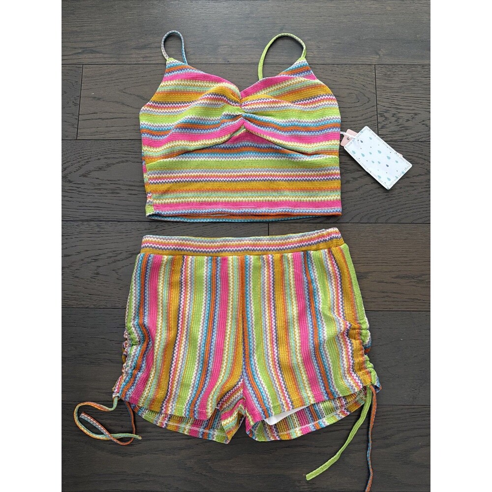 Sweet Rain Crochet Set Crop Halter Top L NWT Striped Boho Hippie Festival Neon
